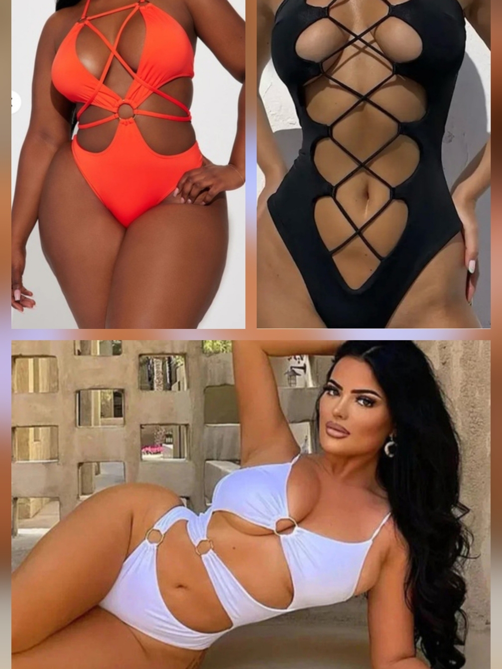 New! 3x - 3pc [Fashion Nova] Strappy Cutout Monokini Swimsuit Black Orange White